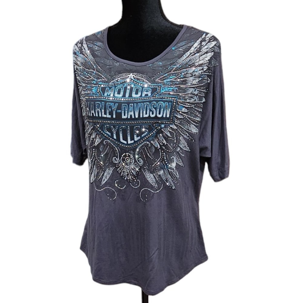❤️2/25 Harley Davidson Gray Beaded T-shirt Women’s Short Sleeve Shirt Top